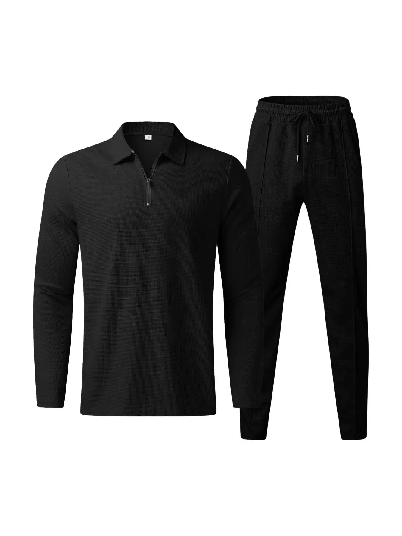 Men's Solid Zip Up Half Placket Polo Neck Top & Drawstring Waist Pants Set, Polo Tracksuit, Regular Fit Casual Long Sleeve Top & Trousers for Spring & Fall, Men's Clothes for Daily Wear, Polo Tracksuits, Polo Shirt and Sweatpants