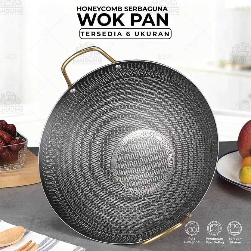 Wokpan Honeycomb Kuali Wajan Anti Lengket Tumis Goreng Ukuran 22cm 24cm 26cm 28cm 30cm 32cm 36cm 40cm Stainless Steel Multifungsi