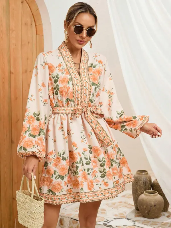 Women's Floral Print Belted V Neck Dress, Boho Fashion Casual Lantern Sleeve Short Dress for Daily Holiday Vacation Wear, Women Dress for All Seasons, Womenswear 1