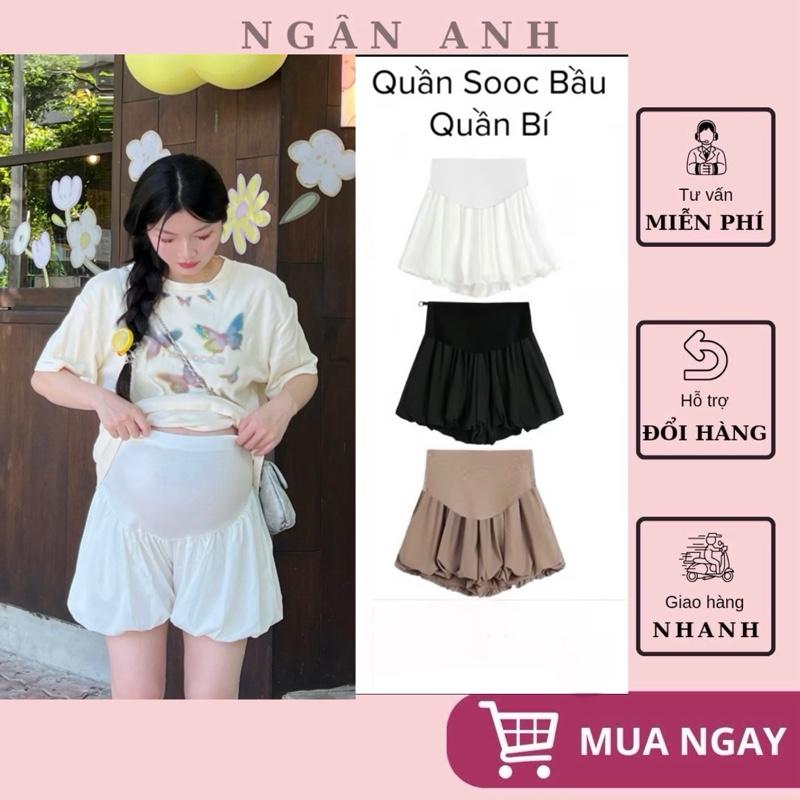 Ngân Anh Quần Short Bí Quần váy bí 2 lớp cho mẹ Bầu dáng phồng có túi siêu xinh