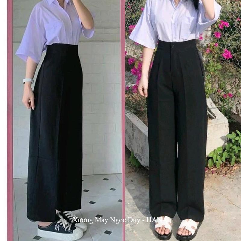 HOT Đen Xanh Đen Quần tây ống rộng đi học nữ m50 m55 m60 m65 khóa giữa sườn hông - Quần ống rộng lưng cao học sinh cấp 2 3 sinh viên đi học vải mềm đáy cao