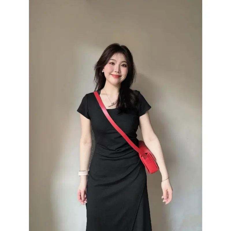 Váy ngắn Tay Màu Xám, Cổ Vuông, Thiết Kế Đẹp, Dành Cho Nữ, Váy Bodycon Xích Thắt Eo Xiacnee, Váy Dài Xẻ Tà, Thanh Lịch, Thời Trang, Năm 2025 5