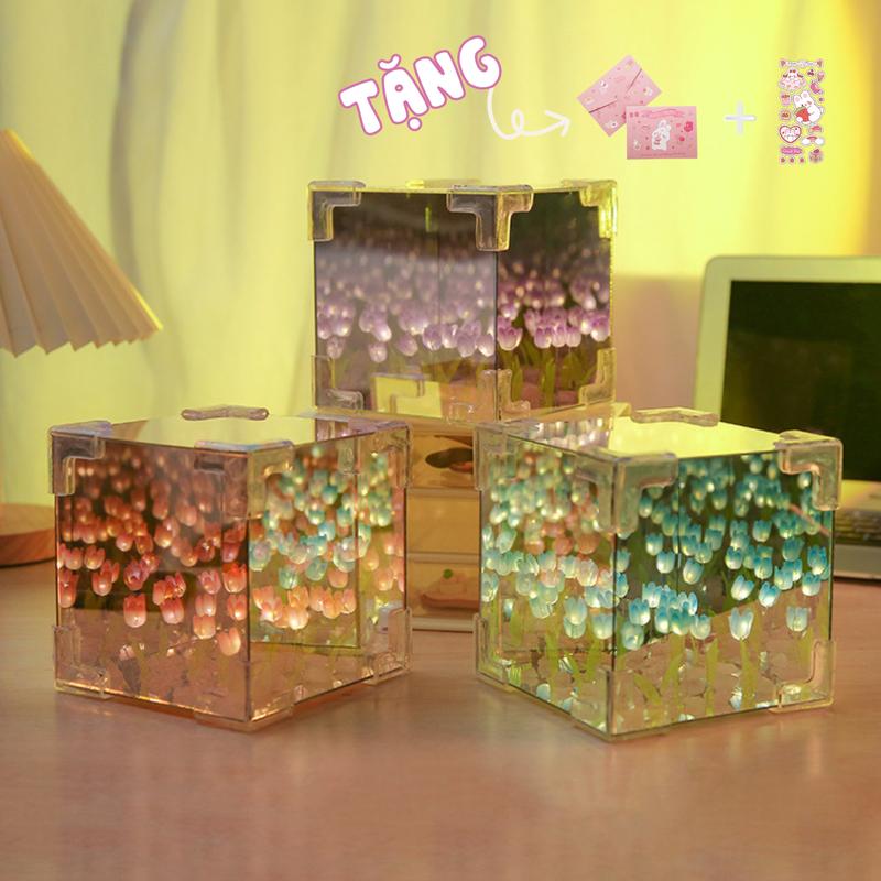Đèn hoa Tulip TỰ LẮP hình vuông 12x12 (tặng thiệp+sticker+charm bướm) - 20-30 bông (NGUYÊN LIỆU) Tulip DIY little night lights, Gương trong phản chiếu biển hoa, Quà tặng đènngủ hoatulip đèn trung thu j97