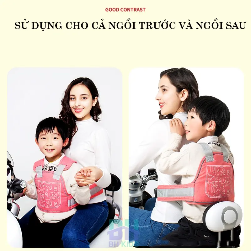 Đai đi xe máy BH Kids an toàn cho bé (từ 1 đến 10 tuổi), chống bụi bẩn, thoáng khí, chắc chắn, phát sáng ban đêm Địu 4