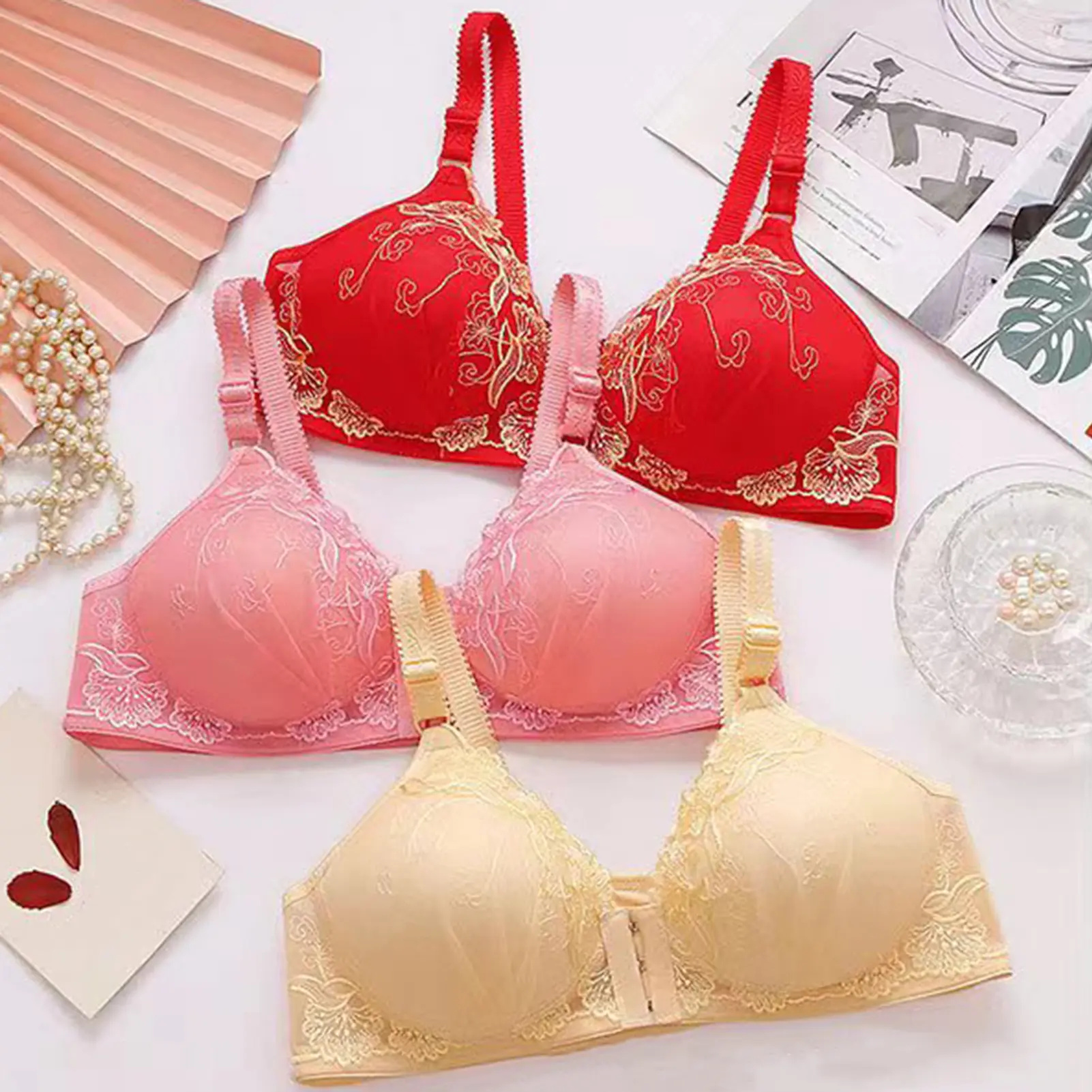 [mfttuget]Women Bra Front Buckle Closure Floral Embroidery Lace Wire-free Adjustable Shoulder Strap Push-up 3/4 Cup Bra for Work Sport Travel