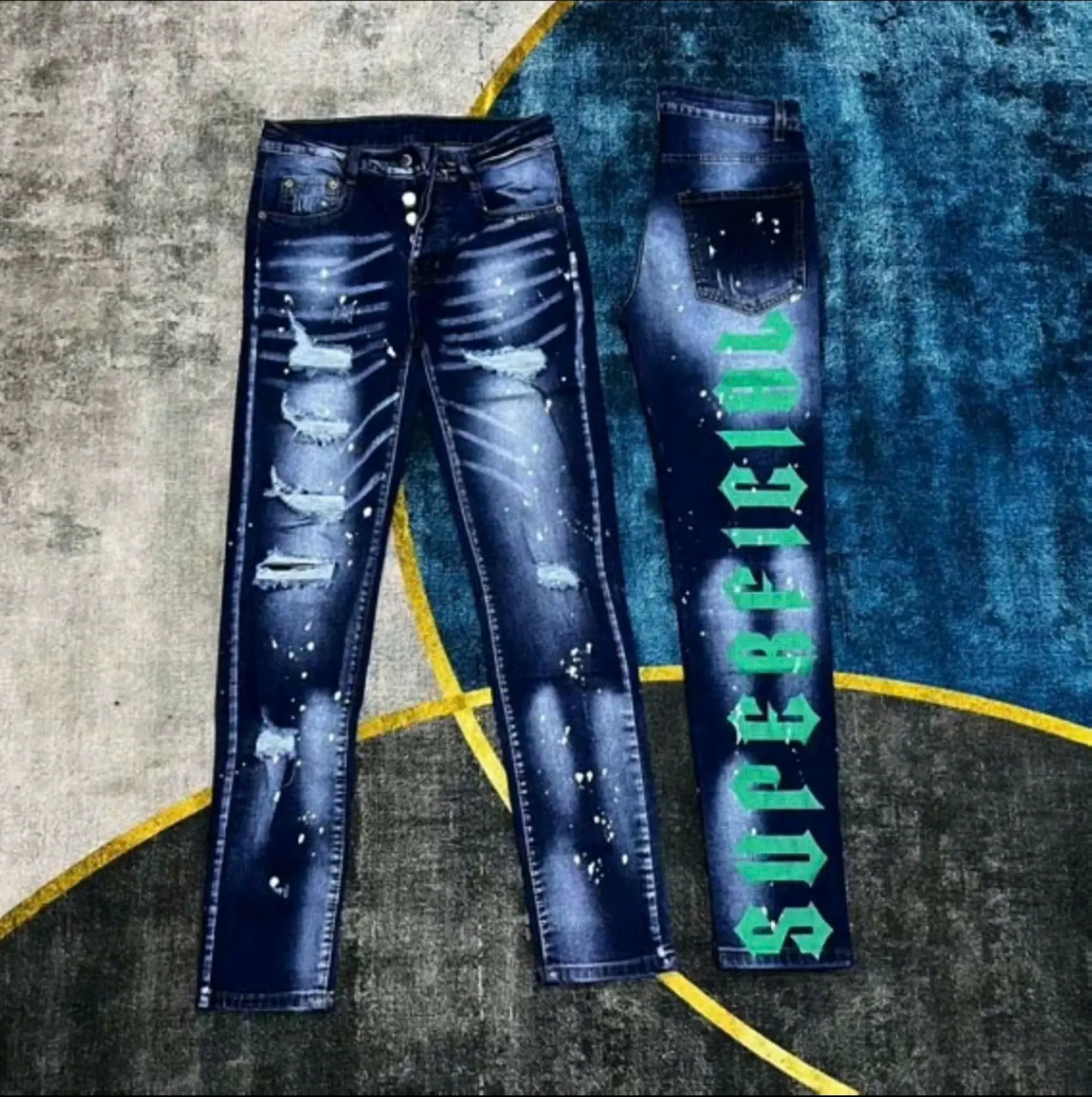 Quần bò nam DQ chữ xanh sọc ống sau bản 4 cúc hot trend vải dày dặn co dãn mẫu mới cao cấp