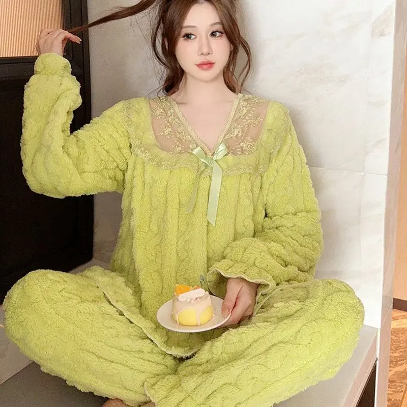 Đồ Ngủ, Dành Cho Phụ Nữ, Mùa Thu Và Mùa Đông, Jacquard Nhung, Lót Lông Cừu, Dày Dặn, Phong Cách Công Chúa, Ren, Đồ Mặc Nhà Nữ Mùa Đông, Hàng Mới Về 8