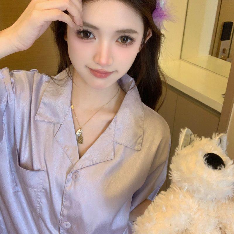 Bộ Đồ Ngủ Lụa Lạnh Dành Cho Nữ, Bộ Áo Ngắn Tay Và Quần Đùi Mỏng Mùa Hè, Bộ Đồ Mặc Ở Nhà Thường Ngày Satin Dệt Twill Hình Người Kiểu Hàn Quốc 4