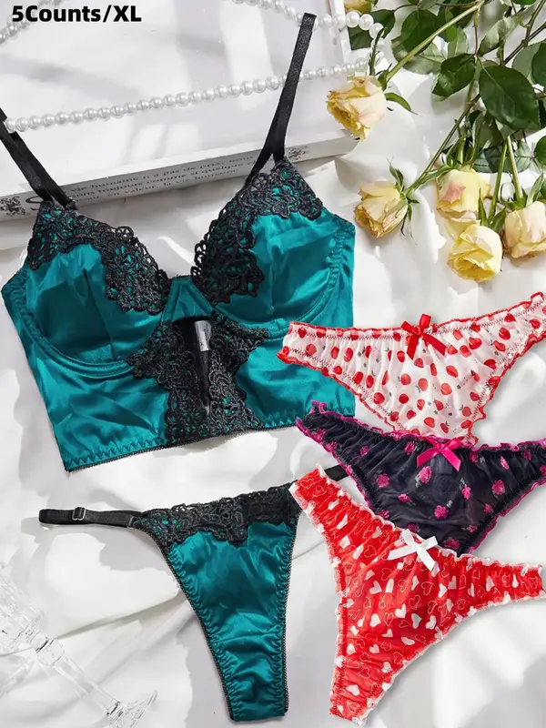 Women's Contrast Embroidery Lingerie Set & Thongs Set, Women's Underwear Set 6