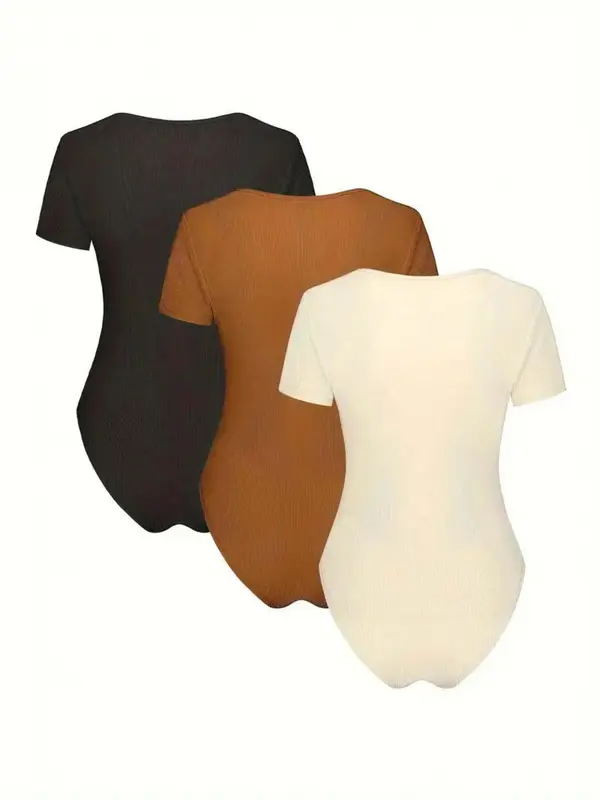 Women's Solid Color Bodysuit, Casual Comfy Breathable Short Sleeve Bodysuit for Summer, Ladies Clothes for Daily Wear 4