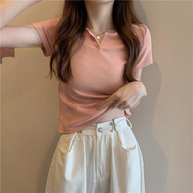 Product Introduction of Summer slim fit crop top spicy girl outfit T-shirt short sleeved plain color, comfortable and breathable, paired with jeans 14