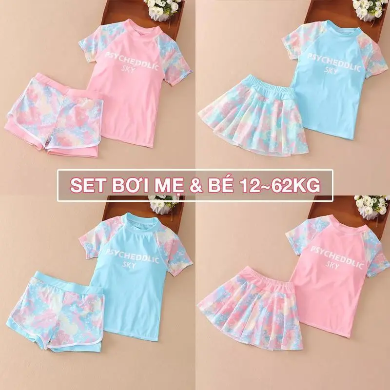 Sét Bộ Đồ Bơi Sky Cho Bé Gái & Mẹ Size Đại Từ 12Kg - 62kg - Bộ Đồ Đi Biển Cho Bé Gái - Bikini Váy Cho Bé Gái