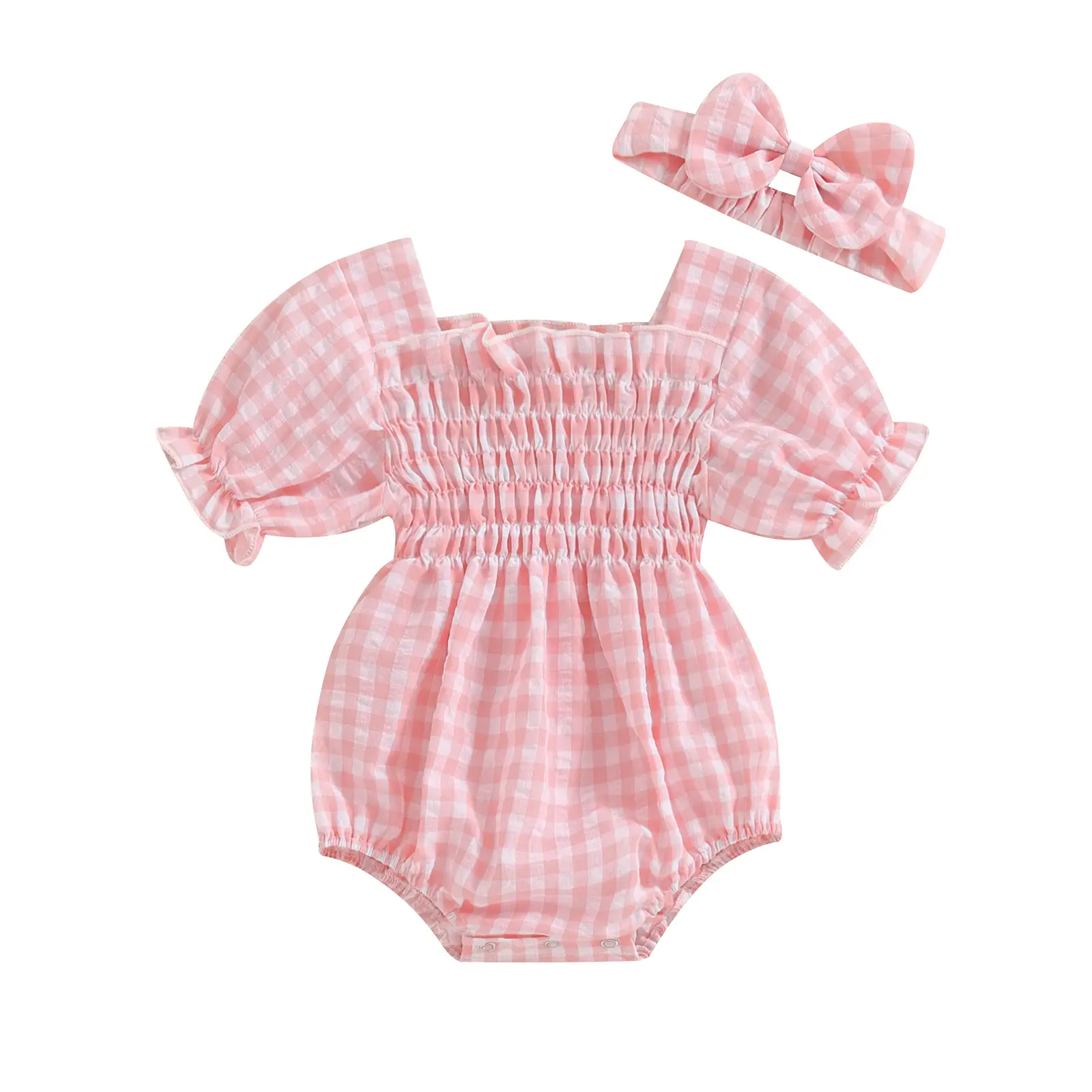 Baby Girl 2Pcs Spring Outfits 3 6 9 12 18 Months Short Sleeve Plaid Print Smocked Romper with Headband Set Infant Clothes