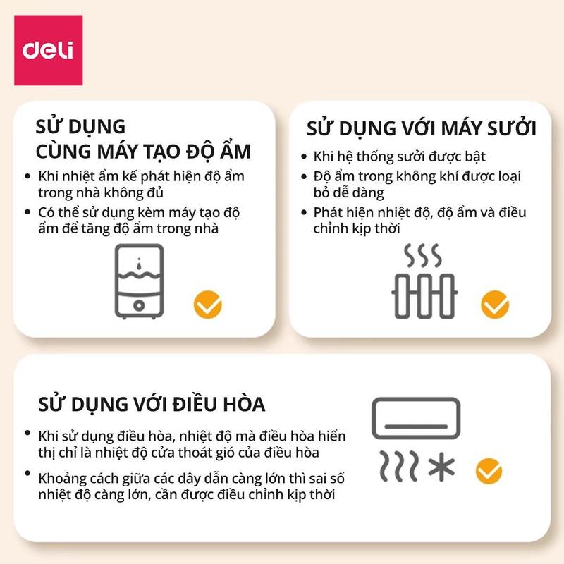 Product Introduction of Nhiệt ẩm kế, nhiệt kế phòng Deli đồng hồ xem giờ có báo thức đo nhiệt độ phòng, cảm biến đo độ ẩm phòng ngủ cho bé chính xác, nhiệt kế cơ và điện tử 1