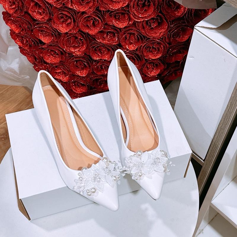 SG10 - GIÀY CƯỚI CÔ DÂU 5P- GIÀY CAO GÓT NỮ NƠ ĐÁ THIẾT KẾ MỚI DA LÌ MỀM - Chân to mập tăng size. Cao Su Shoes Jean