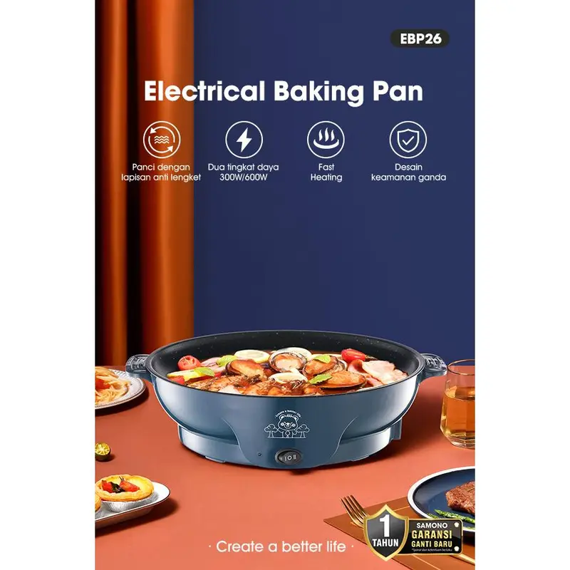 SAMONO Panci Listrik 26cm BBQ Serbaguna Anti Lengket Low Watt Garansi 1 Tahun EPB26 8