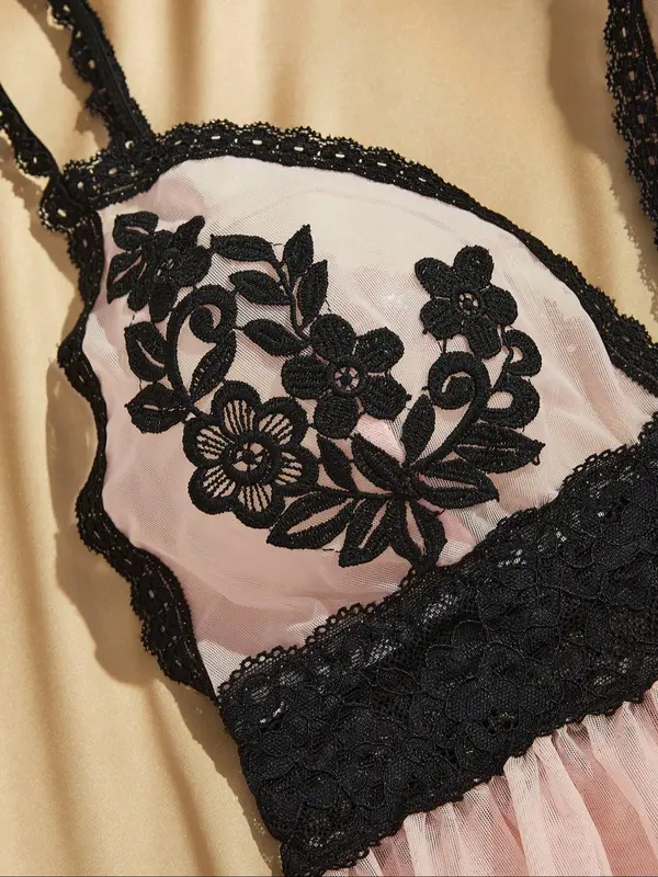 Women's Floral Embroidery Sheer Mesh Cami Nightdress & Thong Sexy Sleepwear Two-Piece Set, Elegant Comfy Adjustable Strap Nighty Dress & Panty Set, Ladies Sleepwear for All Seasons 2