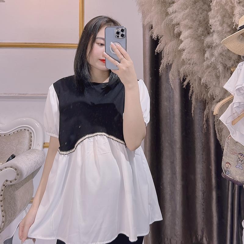Áo phông pha sơ mi bầu dáng babidol chất co giãn Thoải mái áo bầu xinh