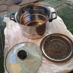 Panci Kukusan Stainless Multifungsi 18 cm dengan Saringan dan Tutup Kaca Transparan