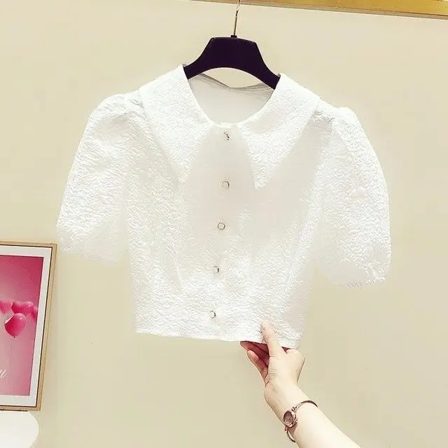Áo Sơ Mi ngắn Tay Bèo Nhún Cổ Bẻ Và Eo Bó Sát Thời Trang Mới Mùa Hè 2023, Áo Voan ngắn Tay Cạp Cao Dành Cho Nữ, Dễ Phối Đồ