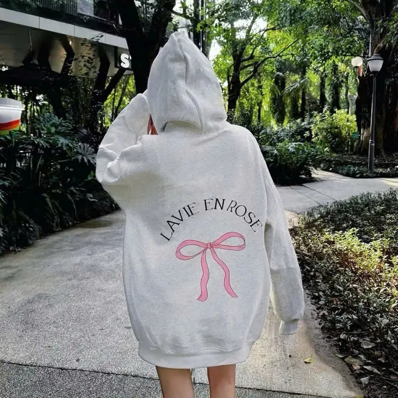 ÁO KHOÁC HOODIE NỈ KHÓA FROM RỘNG HỌA TIẾT IN NƠ HỒNG XINH XẮN