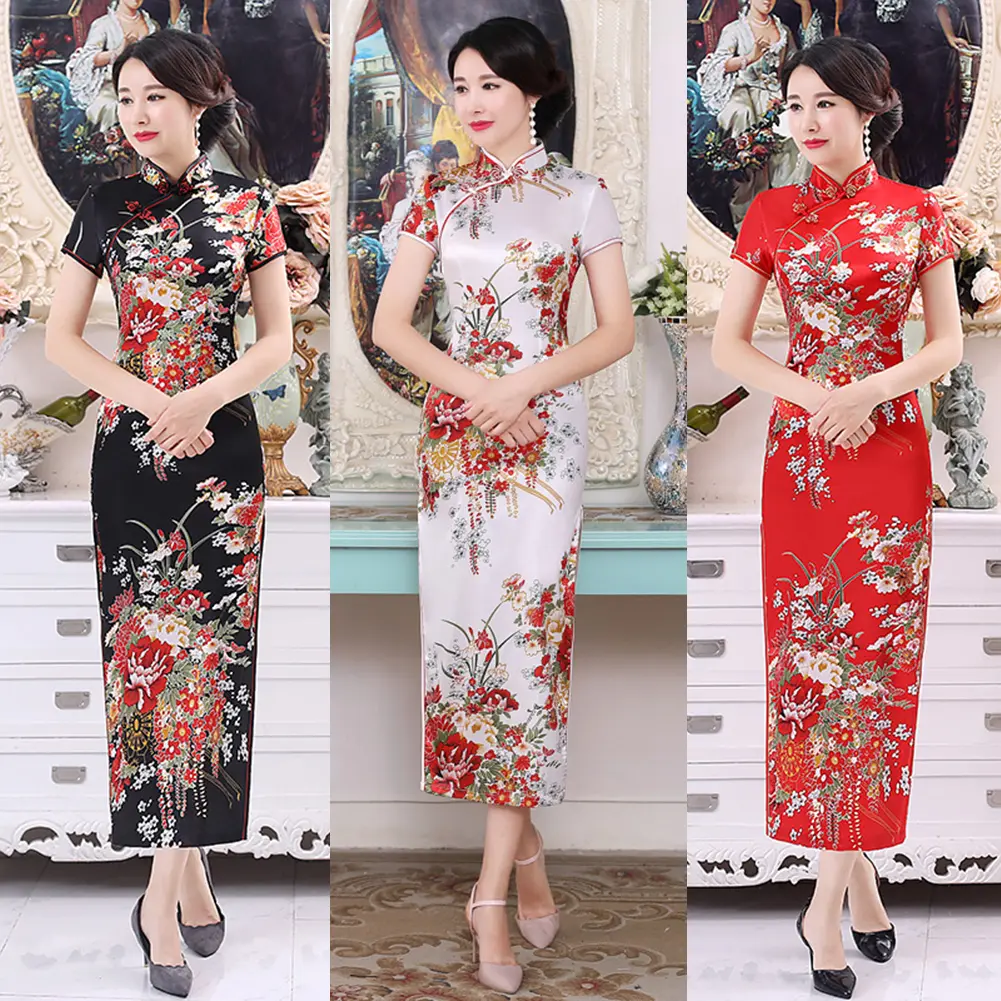 Váy Sườn Xám Phong Cách Trung Quốc In Hoa Cổ Chân Đế ngắn Tay Cho Nữ, Fw.Q