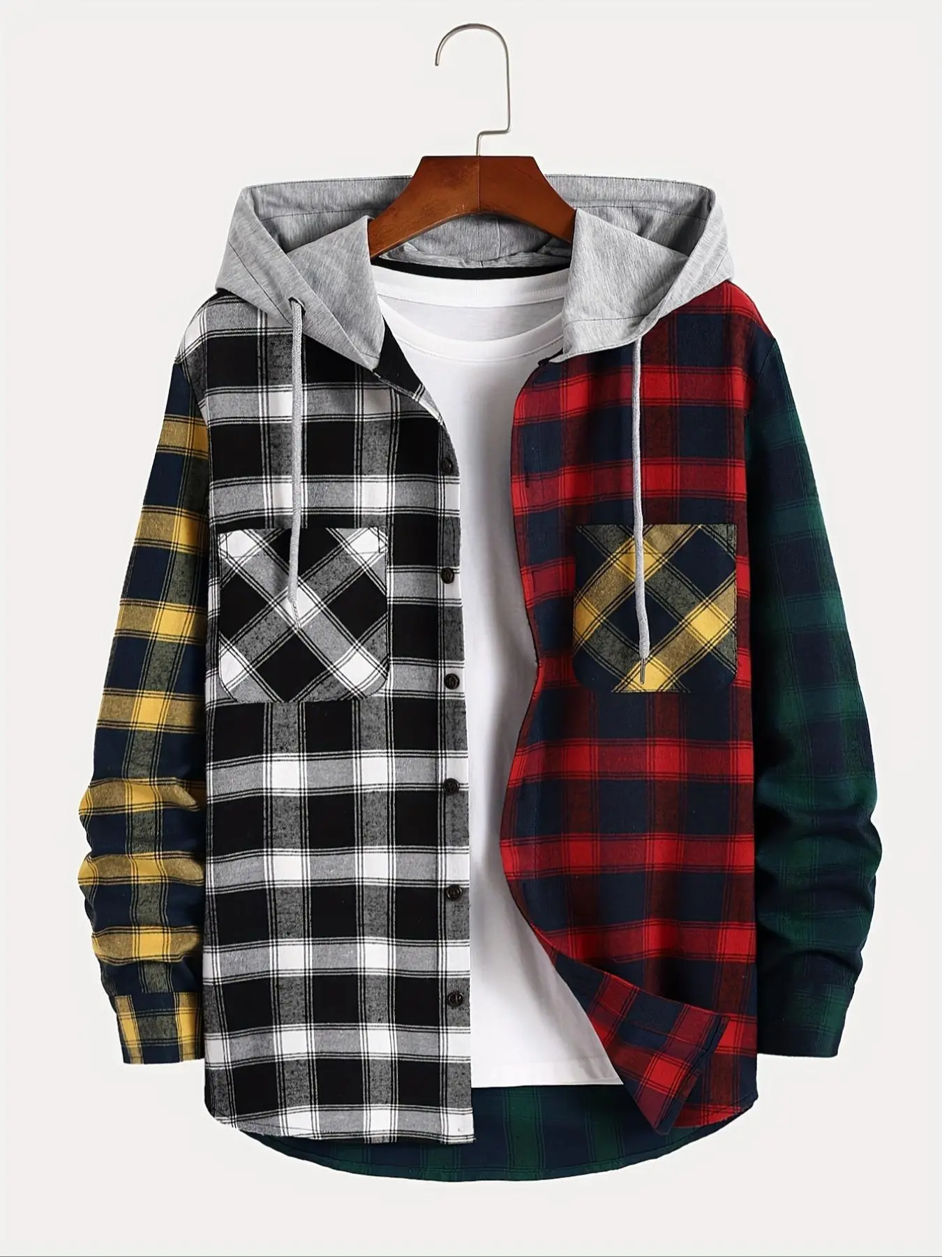 Men's Colorblock Plaid Print Button Front Drawstring Hooded Shirt, Casual Regular Fit Long Sleeve Pocket Hooded Top for Spring & Fall, Men's Clothes for Daily Wear