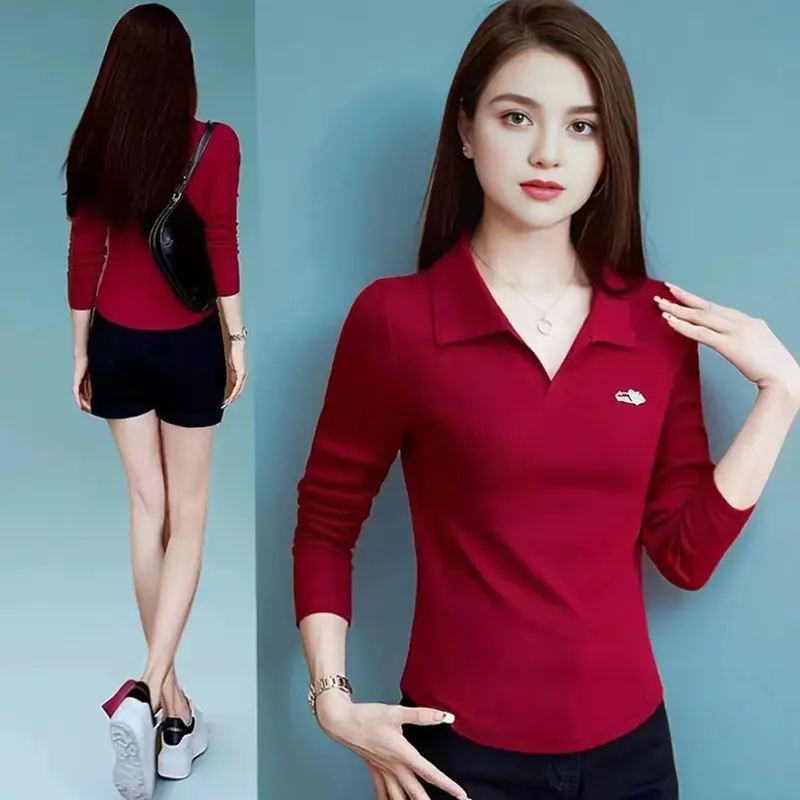 High-end Autumn Long Sleeve Red T-shirt for Women with Embroidery, Slim Fit, Age-reducing Fashion, Curved Hem, Irregular Top