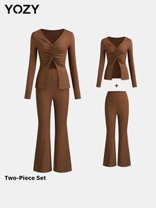 YOZY Two-Piece Set Women's Solid Ruched Split Hem V Neck Top & Flare Leg Pants, Casual Long Sleeve Top & Elastic Waist Trousers Ribbed Set for Fall & Winter, Women's Clothes for Daily Wear
