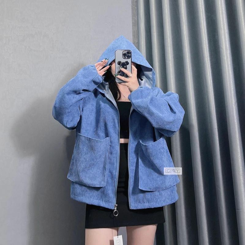 Mã T31 Áo Khoác  Nữ Nhung Tăm 2 Lớp Túi Hộp  Nữ Top Jacket Women