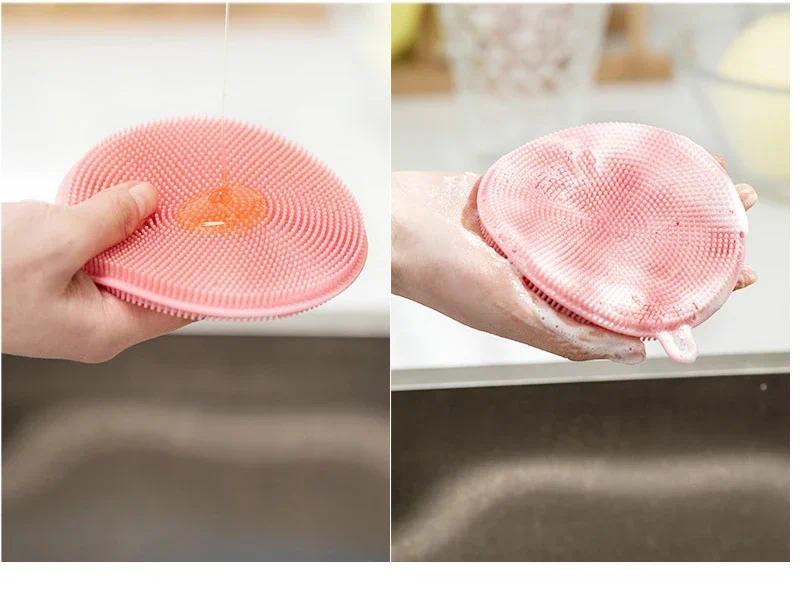 Product Introduction of 3Pcs Kitchen Cleaning Brush Silicone Dishwashing Brush Fruit Vegetable Cleaning Brushes Pot Pan Sponge Scouring Pads Table Mat 2