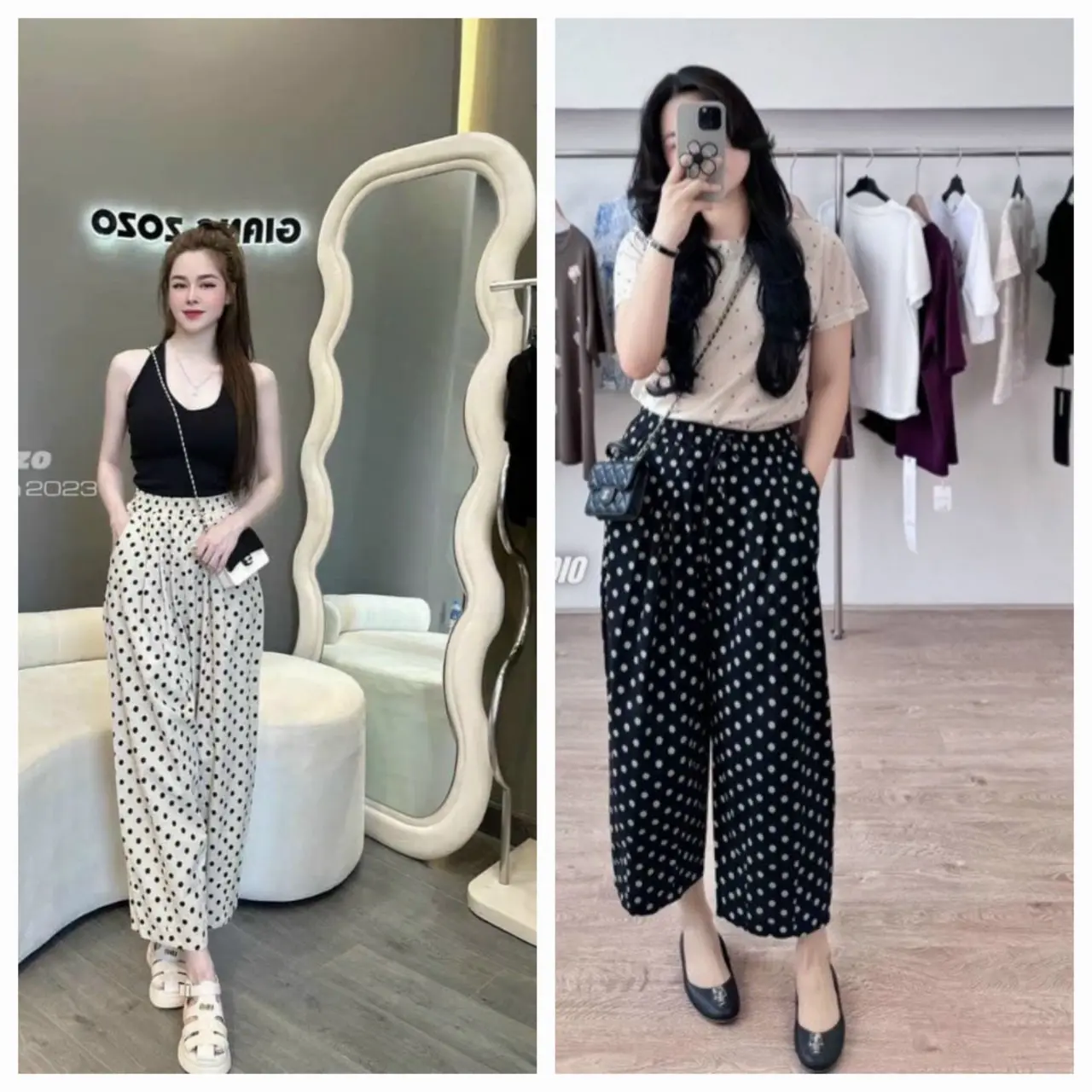 Quần ống rộng chấm bi  2 màu trắng- đen Nữ Ong Women mã 028 quần  suông quần  suông mùa đông quần  kẻ quần  suông
