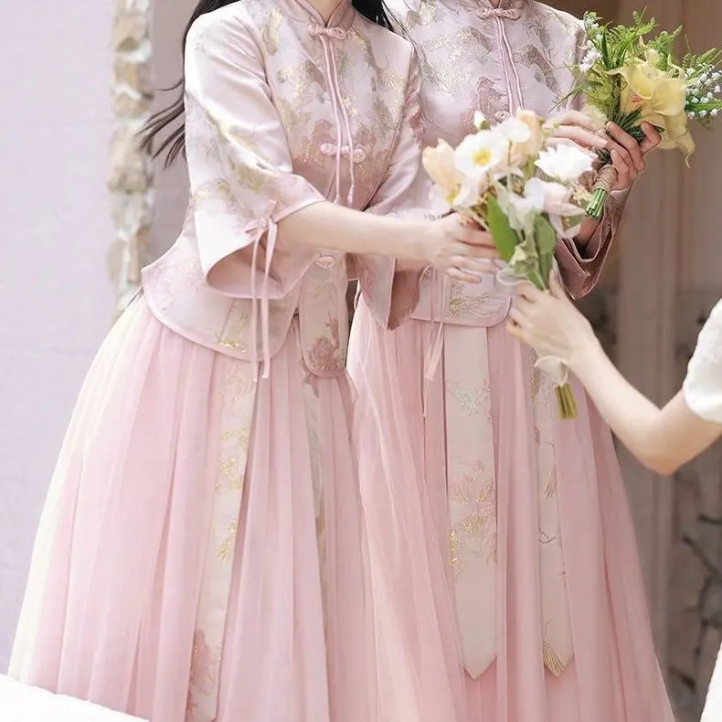 asian style bridesmaid dresses Dress Chinese Autumn Winter New National Style Dress Petite Chinese Style Qipao Sister Group Bridesmaid Dress for Women ADULTItem Type jen10/28 A-Line Plus Size Black Colour:PASTEL BLUE