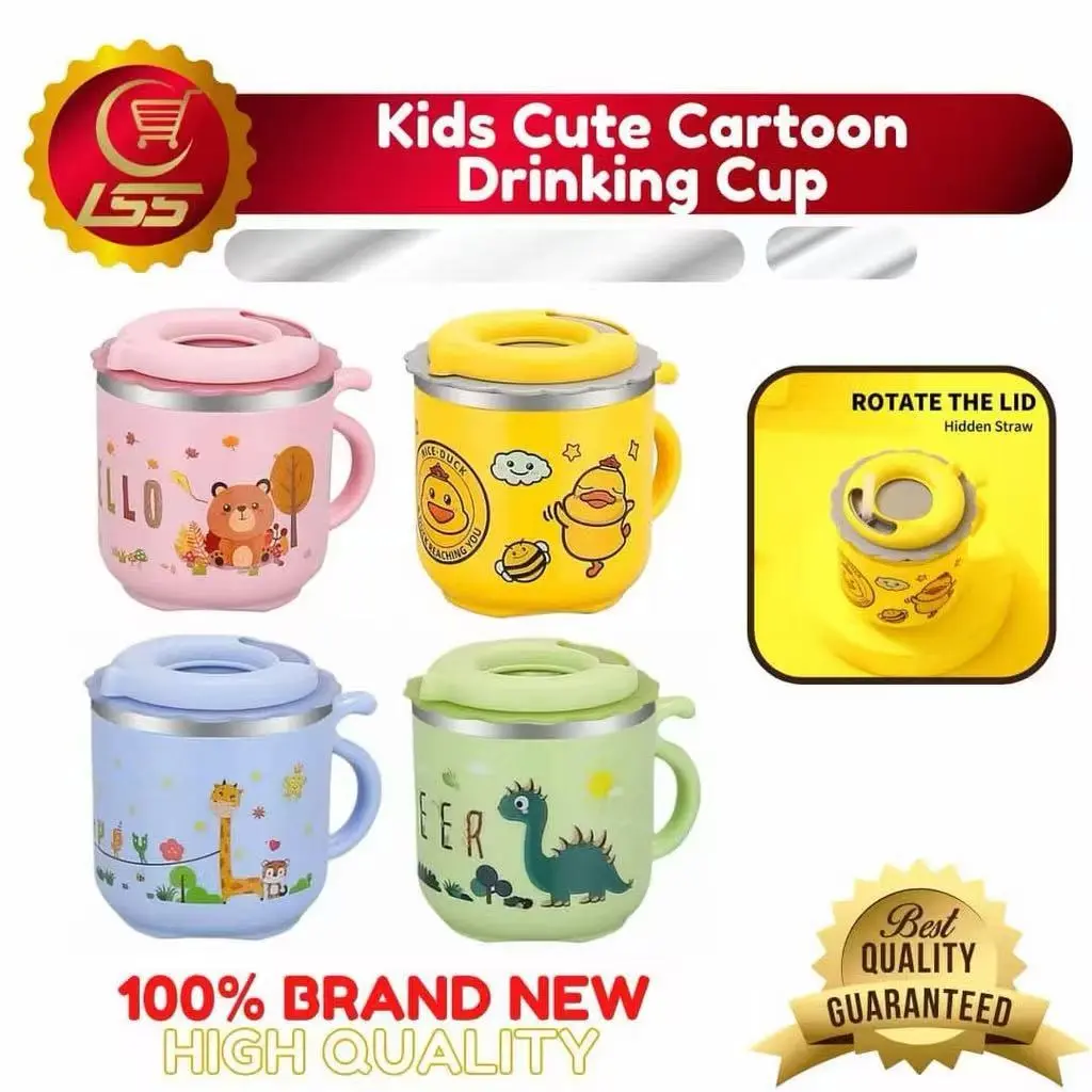 Gelas Air Anak Lucu Kartun dengan Tutup 304 Stainless Steel 300ml Gelas Minum Anak dengan Sedotan