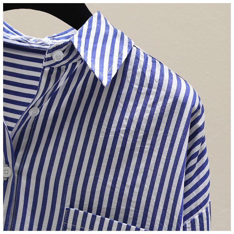 Product Introduction of [Frsud] pure cotton striped printed shirt, women's loose, long sleeve, simple casual style, half-length cardigan shirt, suitable for women, new in 2024 XL [211rx royal blue] blouse & shirt 9