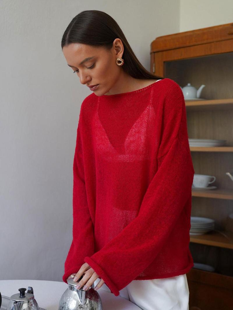 Product Introduction of Women's Plain Sheer Drop Shoulder Sweater, Casual Long Sleeve Boat Neck Jumper for Spring & Fall, Fashion Women's Knitwear for Daily Wear 10