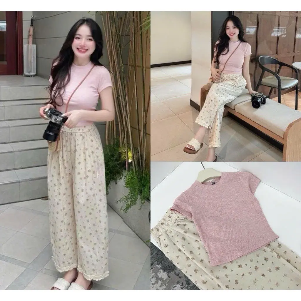 Quần Ống Suông Đũi Lụa Họa Tiết Hoa Nhí Ngọt Ngào