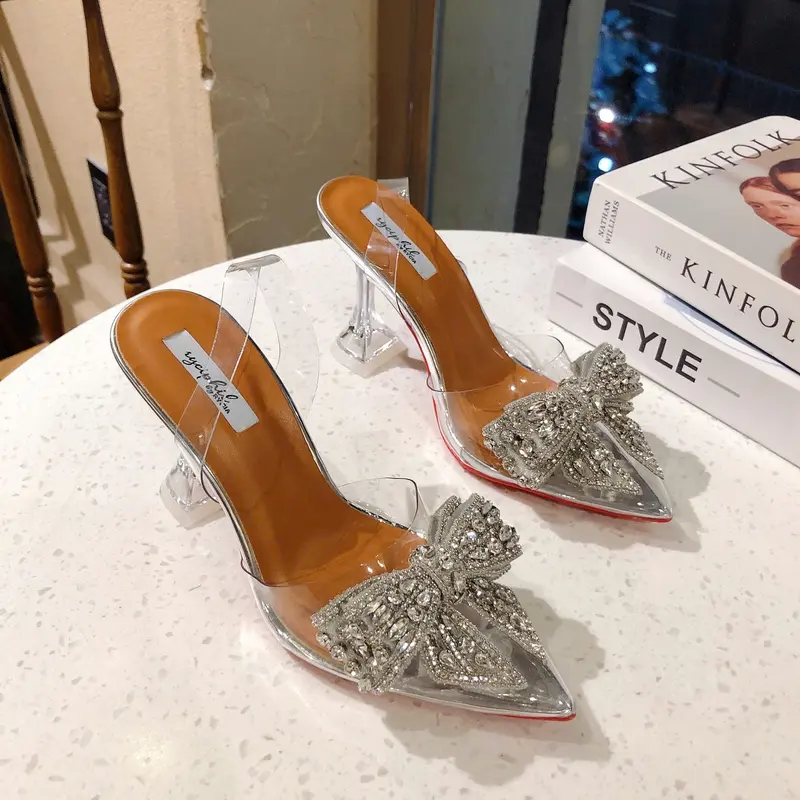 Giày Cao Gót Bít Mũi Nhọn 9cm Gót Mica Trong Suốt Quai Hậu Phối Nơ Đính Đá Xinh Sang Lên Chân Tôn Dáng Sandal Sục Cao Gót 9p Giày Đẹp Storevn TD 5