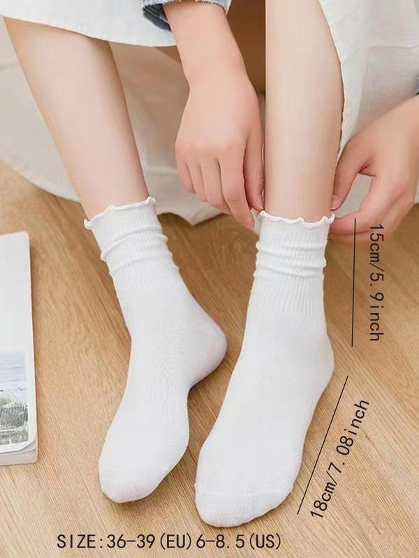 Women's Solid Lettuce Trim Crew Socks, Casual Comfy Breathable Mid-calf Socks for Daily Wear, Multipack Knit Socks for All Seasons 7