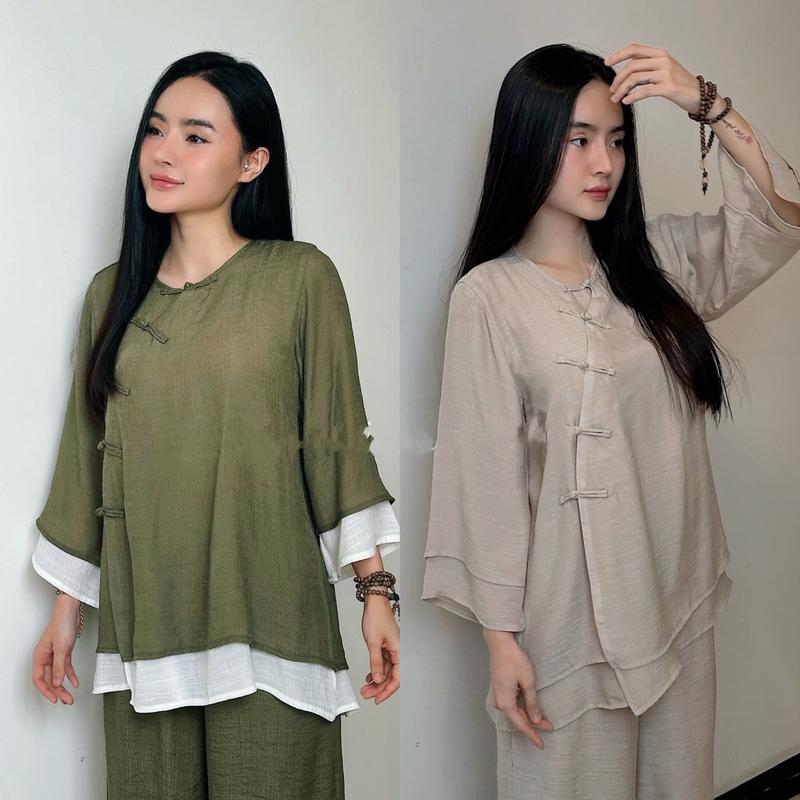 Bộ Pháp Phục Xô Linen Cổ Tròn Nút Tàu 2 Lớp