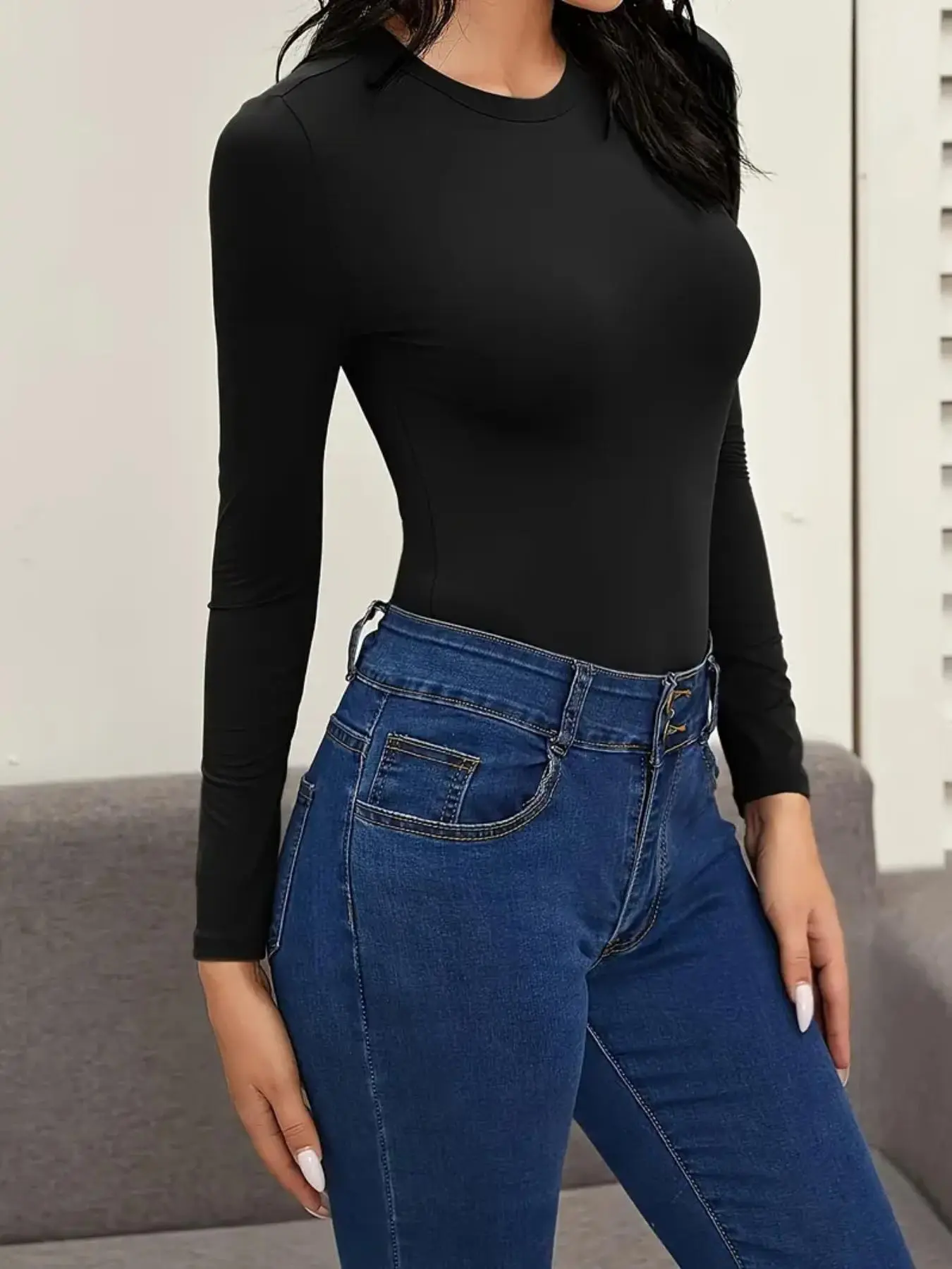 Women's Solid Long Sleeve Bodysuit, Elegant Tight-fitting   Bodysuit for Office Work Business, Ladies Clothes for Summer