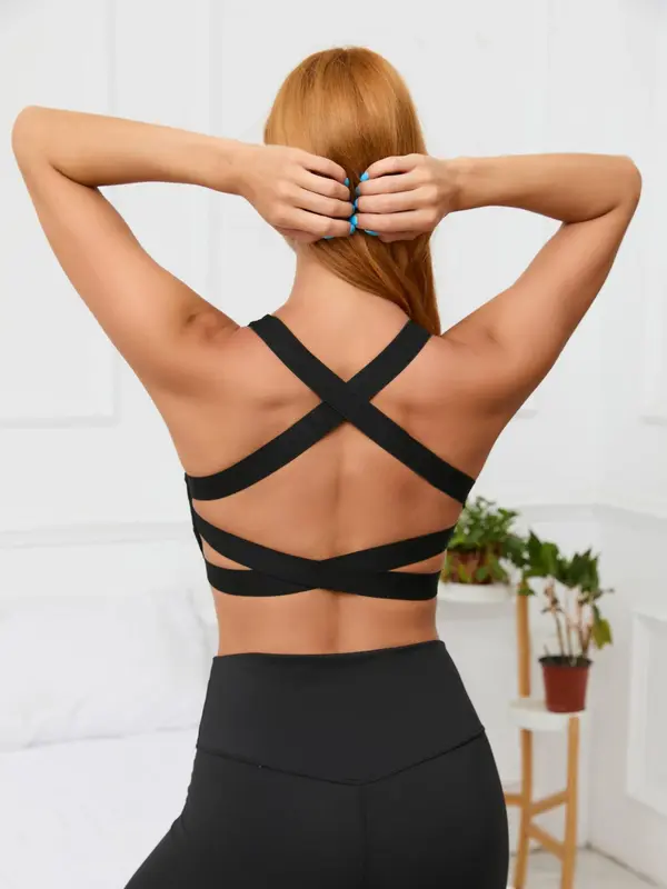 Women's Criss Cross Backless Cut Out Sports Bra, Solid Color Crop Sports Top, Workout Gym Yoga Exercise Bra Gym Outfits for Women 1
