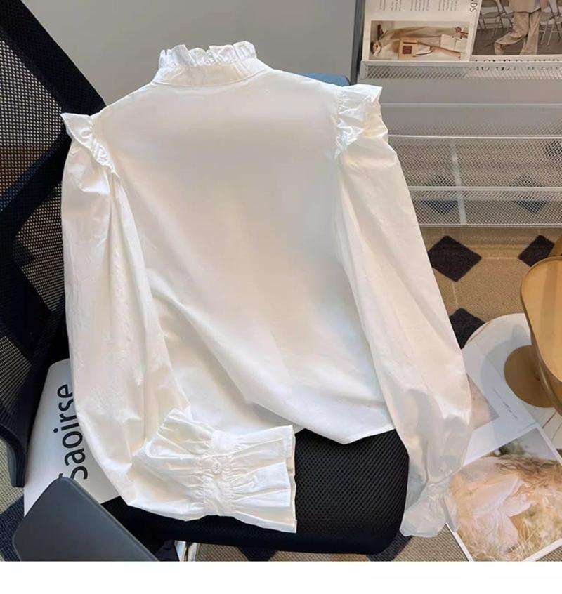 Product Introduction of Áo Sơ Mi Selvedge Dây Phong Cách Pháp, Đồ Lót Nữ Mùa Xuân Và Mùa Thu, Thiết Kế Đẹp, Cổ Điển Độc Đáo Tay Chuông Ngắn Cổ Chân Đế Áo Trắng 4