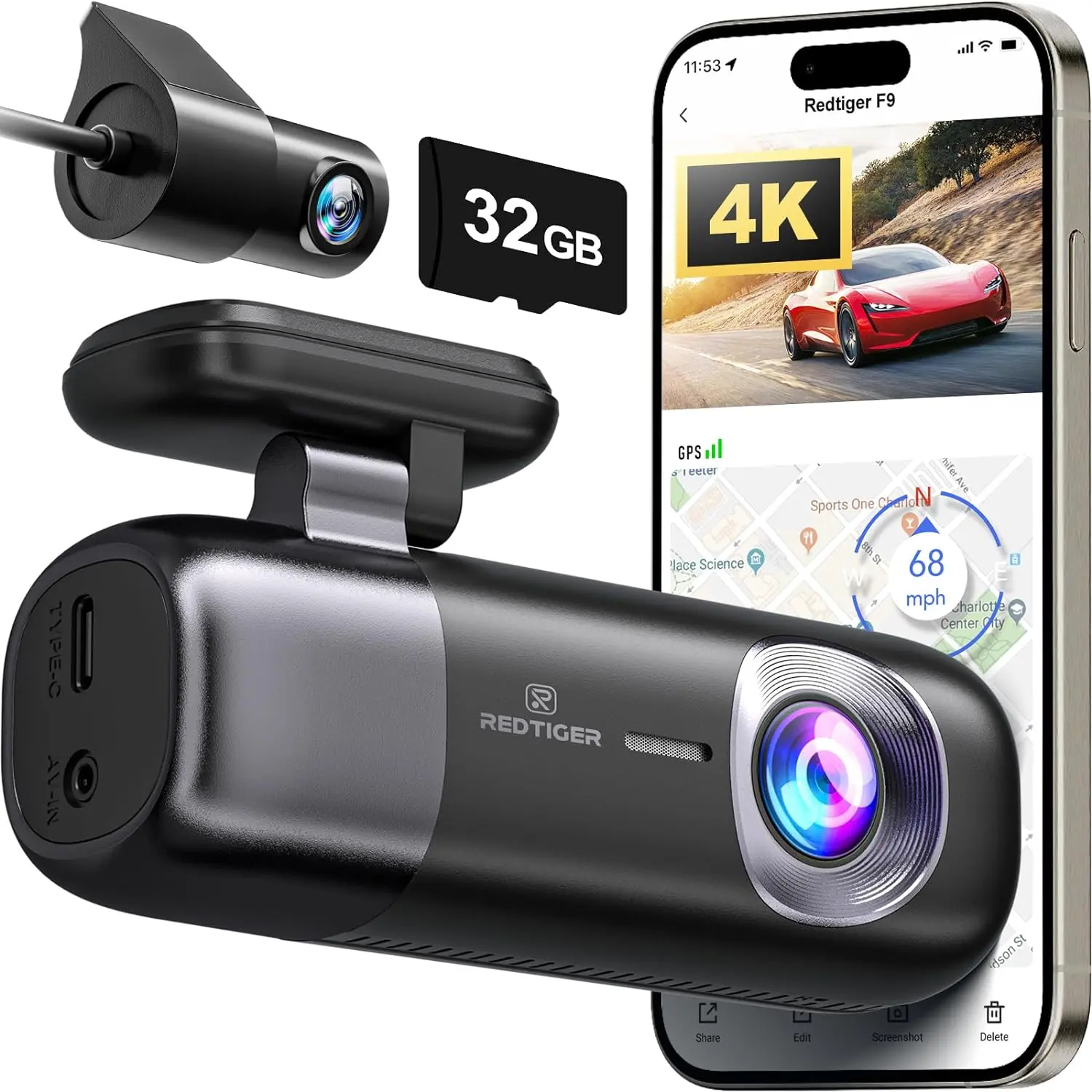 Redtiger F9 Driving Recorder 4K Front Rear 1080P WiFi GPS Car Camera with 32gb Card, Dual Driving Recorder, Loop Recording, Night Vision, Parking Mode, Intelligent Application Control, Maximum Support 256gb