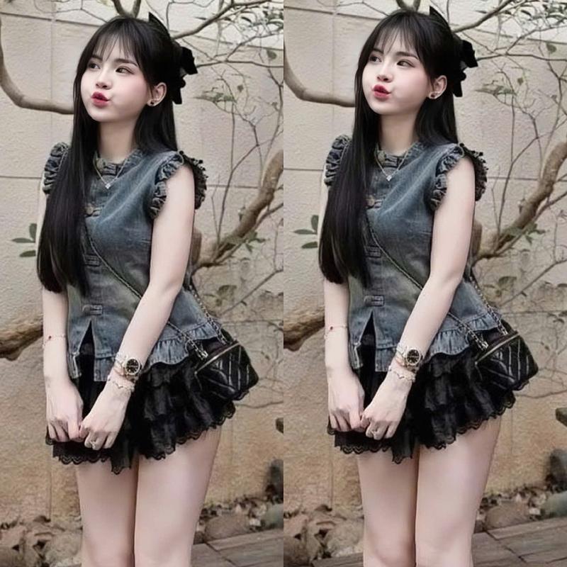 Set váy nữ áo jean tay cánh tiên cổ tròn cài nút thật mix chân váy ren lưới xếp tầng xinh xắn dành cho nàng di chơi,di phố.