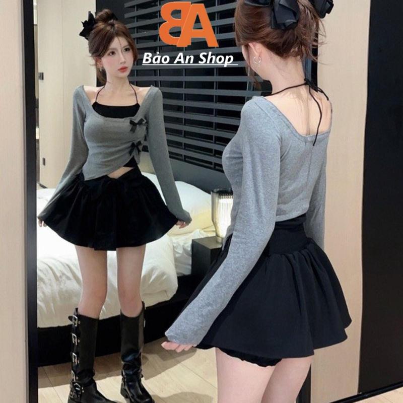 Sét bộ nữ 3 món áo bẹt vai croptop xẻ tà nơ bèo kèm áo lót dây cổ yếm và chân váy nơ bí lưng thun eo 58-75cm Free Size Women