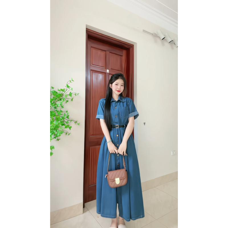 Váy jean DONGXU V84 cổ đức ngắn tay dáng dài cho nữ