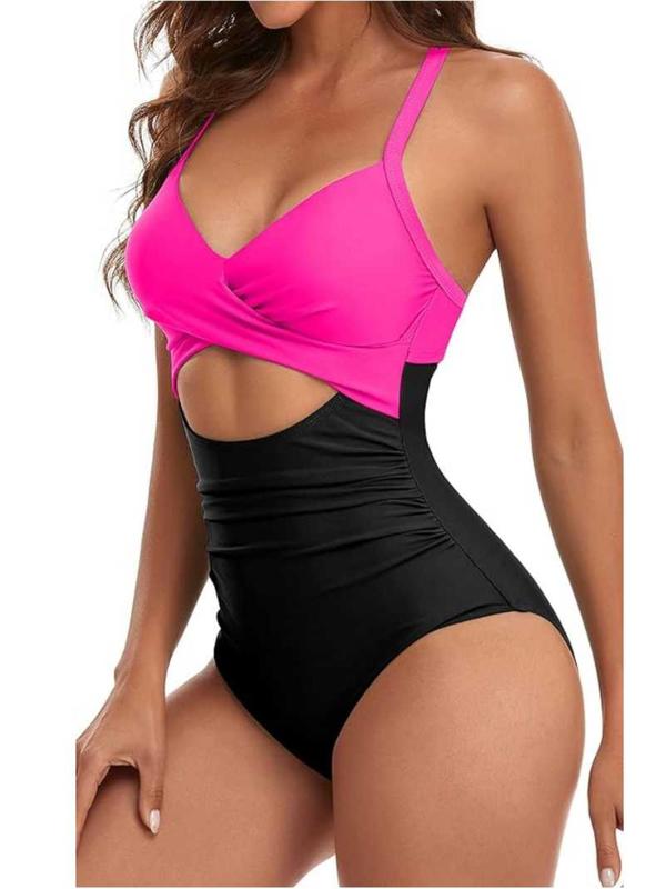 Women's Colorblock Print Criss Cross Cut Out Ruched One-Piece Cami Swimsuit, Casual Chic Sweetheart Neck Tie Back Sleeveless Swimwear, Ladies Summer Swimsuit for Beach Holiday Vacation 4