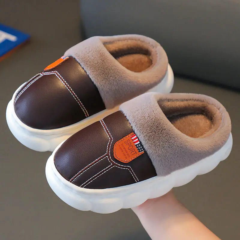 Kids cotton slippers waterproof winter 2025 new arrival boys and girls home thicken fleece warm adult matching couple