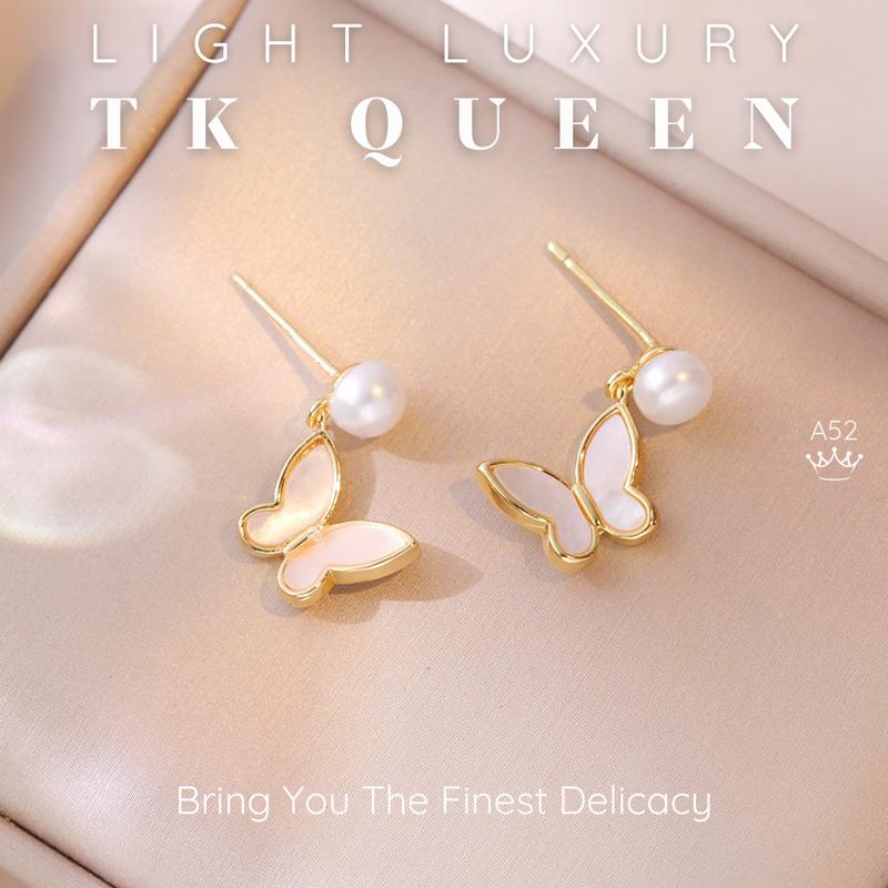 【A52 Bông tai ngọc trai nước ngọt thật Trang sức phụ kiện nữ thiết kế hình bướm phong cách Light luxury - TK QUEEN Accessories